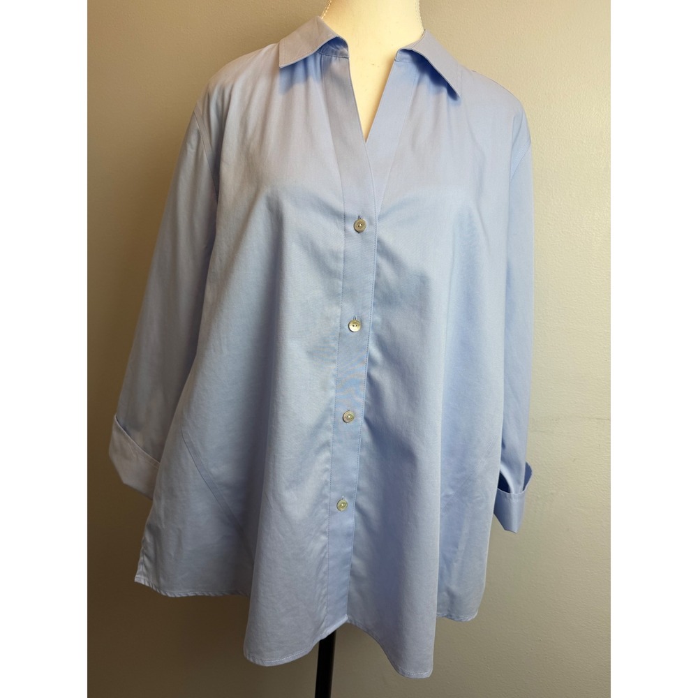 Foxcroft NYC XL Blue Non Iron Stretch Button Down Shirt 3/4 Sleeve Godet Panel